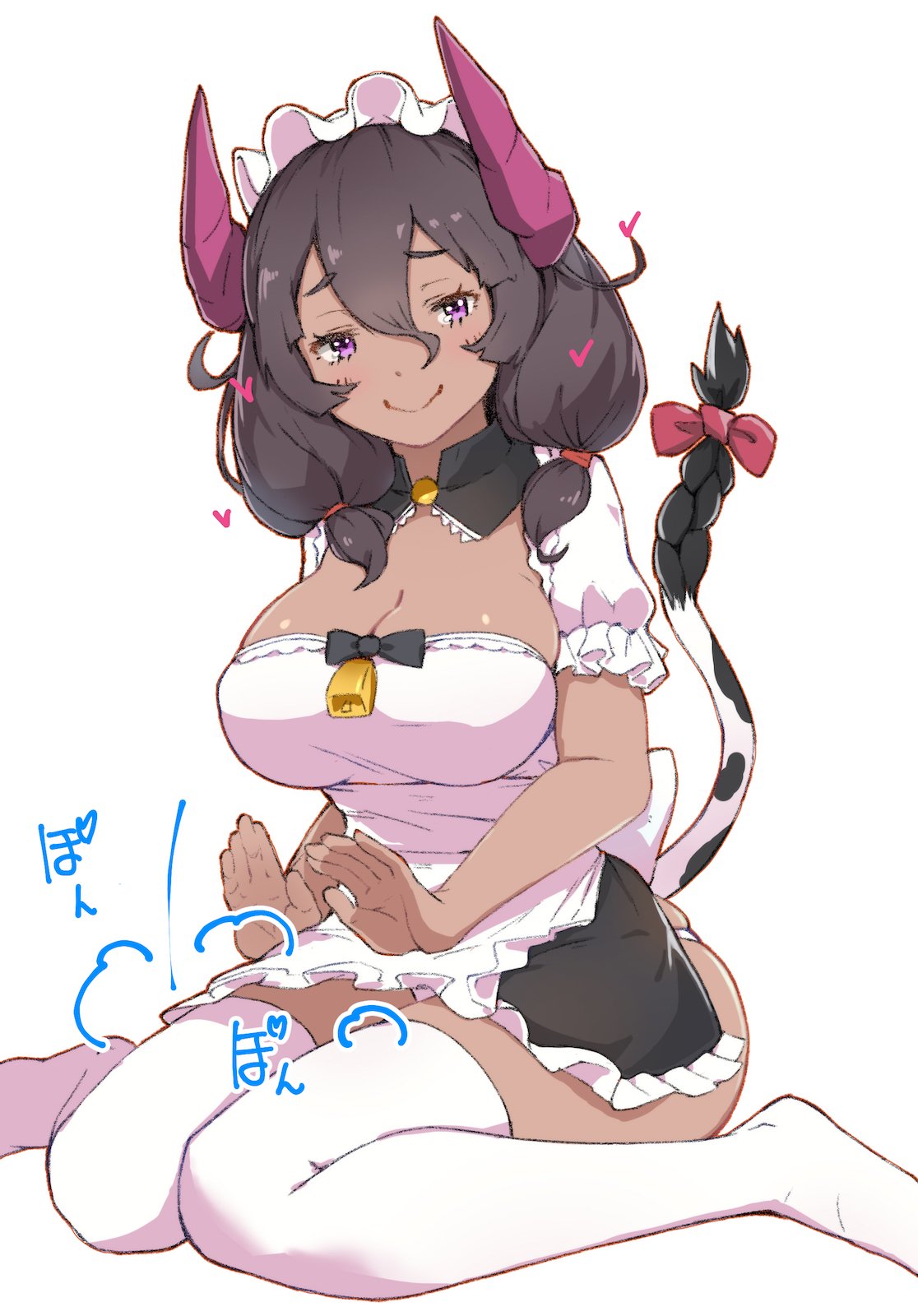1girl, apron, asarokuji, black_neckwear, bow, bowtie, breasts, brown_hair, cleavage, closed_mouth, cow_tail, dark_skin, demon_girl, detached_collar, dress, ell, heart, highres, large_breasts, looking_at_viewer, low_twintails, maid, maid_apron, maid_headdress, original, panties, pantyshot, patting_lap, short_dress, simple_background, sitting, skindentation, smile, solo, tail, twintails, underwear, violet_eyes, wariza, white_background, white_legwear, white_panties