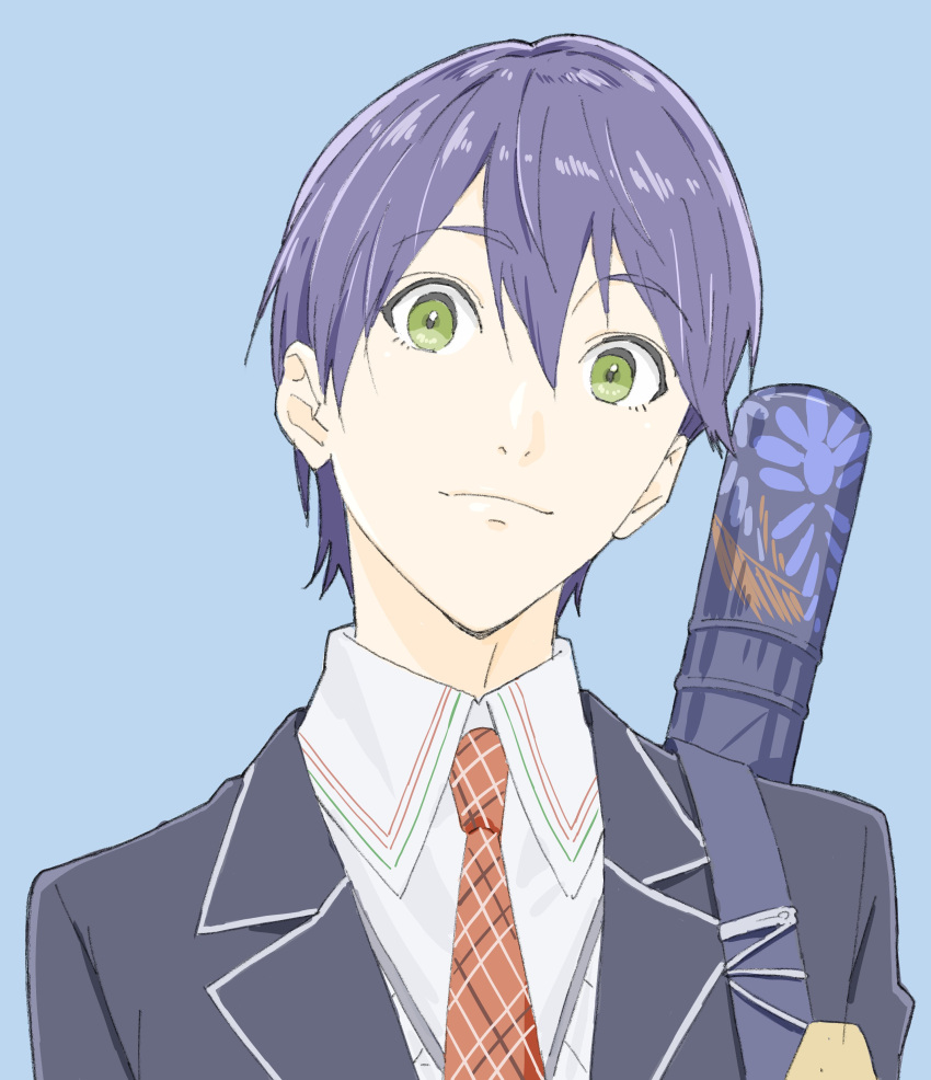 1boy, absurdres, blue_background, closed_mouth, collared_shirt, donguri_suzume, eyebrows_visible_through_hair, green_eyes