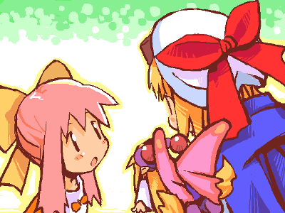 :o, age_difference, bangs, black_eyes, blonde_hair, blush, bow, butterfly_wings, child, cornet, dress, elly_(marl_kingdom), eye_contact, fairy, flat_chest, flipped_hair, flying, hair_bow, hat, kururu_(marl_kingdom), long_hair, lowres, marl_kingdom, minigirl, multiple_girls, nippon_ichi, oekaki, open_mouth, payot, pink_hair, pointy_ears, profile, shoes, short_hair, surprised, twintails, very_long_hair, wings
