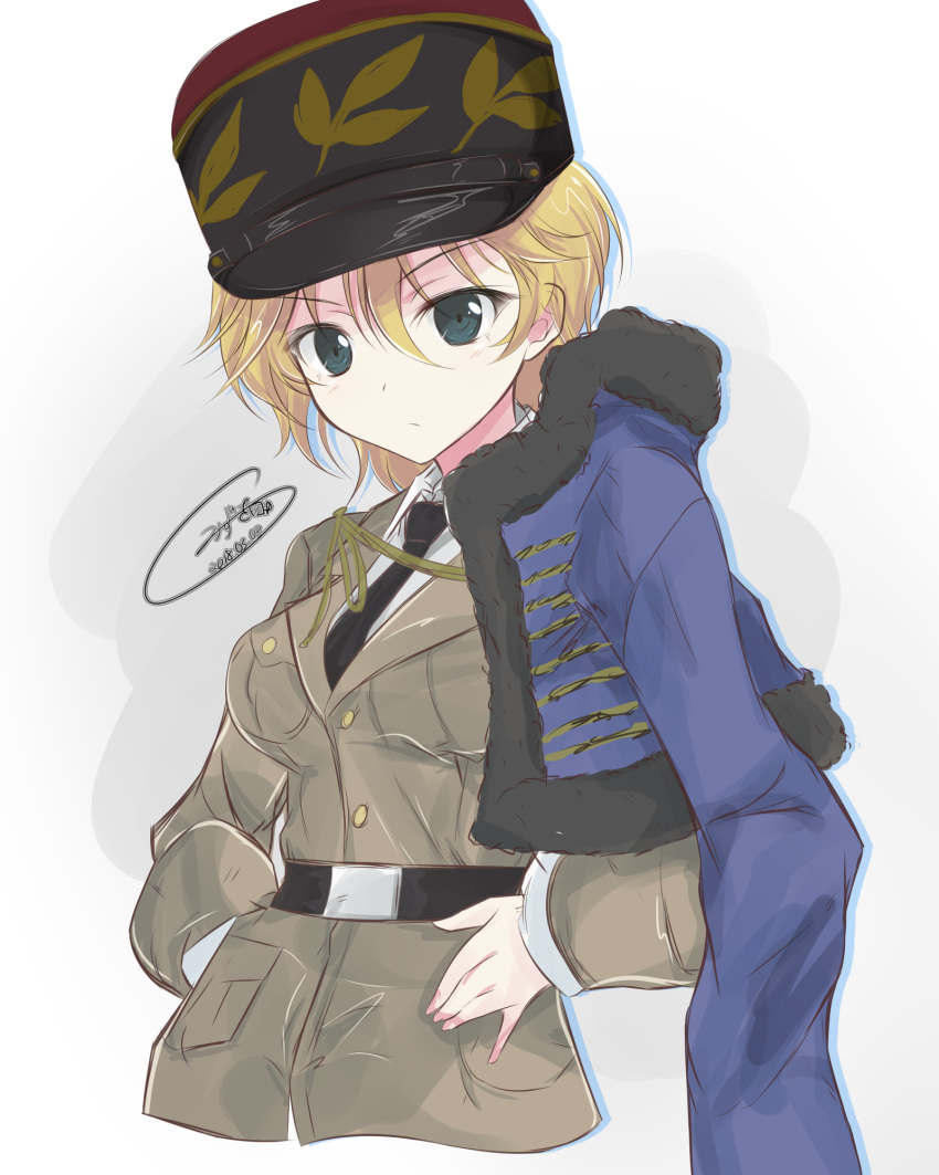 1girl, artist_name, asparagus_(girls_und_panzer), bc_freedom_military_uniform, black_belt, black_neckwear, blonde_hair, blue_jacket