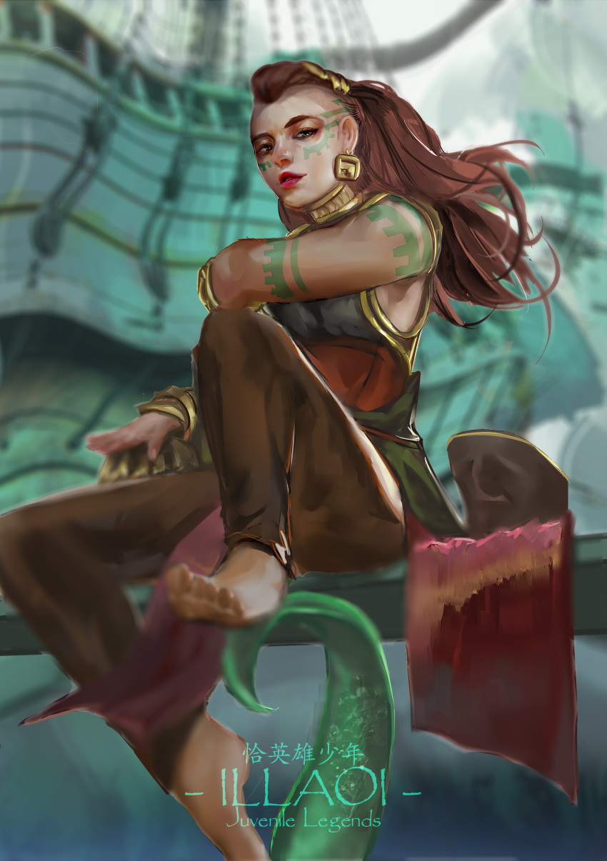 1girl, absurdres, barefoot, bracelet, brown_hair, character_name, dark_skin, earrings