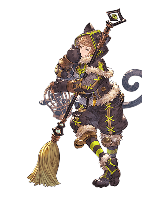 1boy, animal_hood, broom, brown_eyes, brown_hair, cat_hood, cosplay, fake_tail