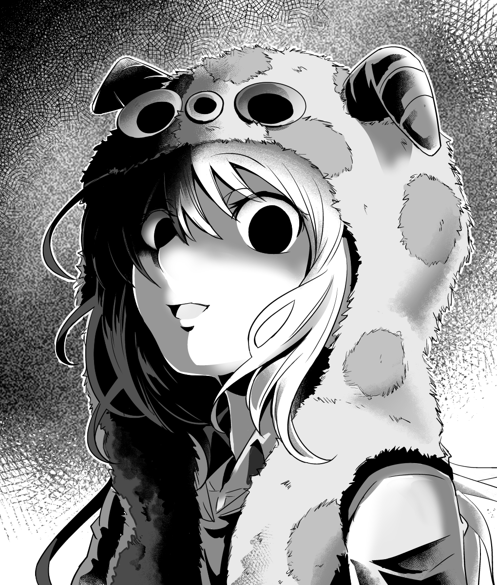 1girl, commentary_request, creepy, empty_eyes, highres, horned_hood, kaigara_suupu, monochrome