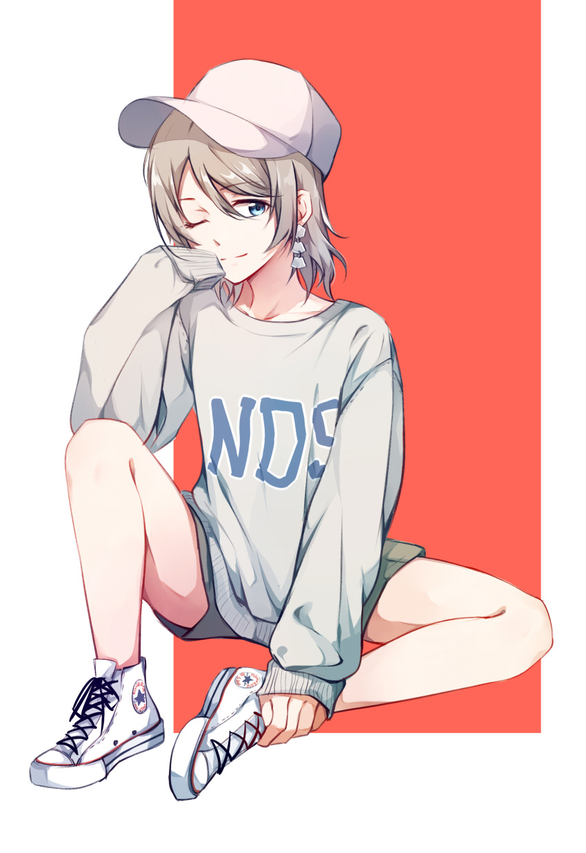 1girl, ;), absurdres, baseball_cap, blue_eyes, casual, clothes_writing, earrings