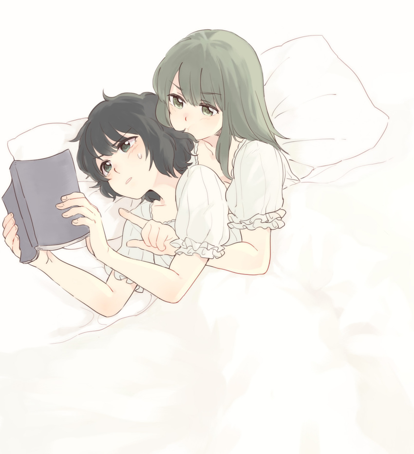 2girls, :t, black_eyes, black_hair, book, brown_eyes, brown_hair, flowers_(innocent_grey)
