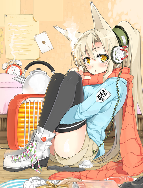 blush, boots, char, cigarette, face, headphones, kettle, knee_hug