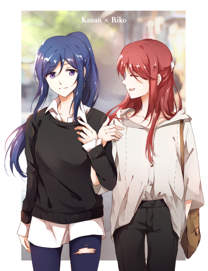 2girls, bag, bangs, black_hair, black_pants, blue_hair, blue_legwear, character_name