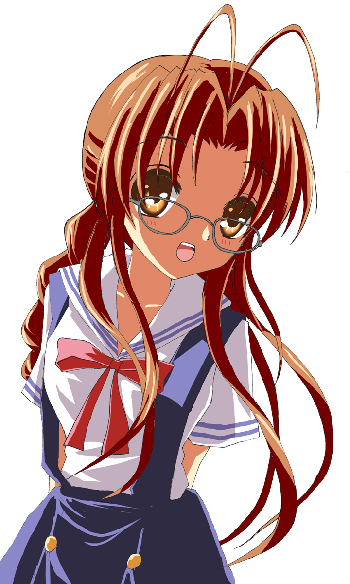 bad_id, braid, brown_eyes, brown_hair, clannad, furukawa_sanae, glasses, highres