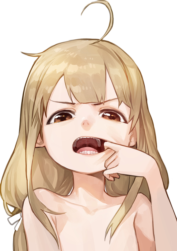 1girl, ahoge, blonde_hair, brown_eyes, commentary_request, finger_in_mouth, futaba_anzu, hand_to_own_mouth