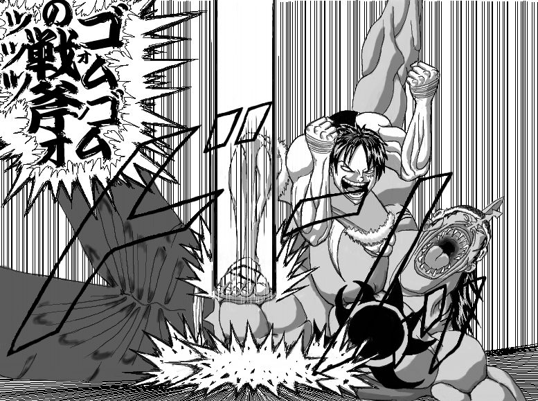 crossover, grappler_baki, hanma_baki, monkey_d_luffy, monochrome, one_piece, parody, source_request