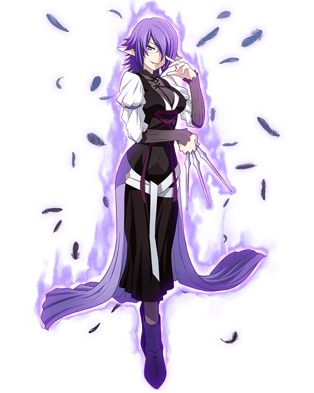 1girl, black_dress, black_feathers, boots, breasts, dress, full_body, glasses, grey_eyes, grin, hair_over_one_eye, holding, holding_weapon, indicus, log_horizon, long_dress, looking_at_viewer, medium_breasts, official_art, purple_footwear, purple_hair, rimless_eyewear, short_hair, smile, solo, standing, transparent_background, weapon