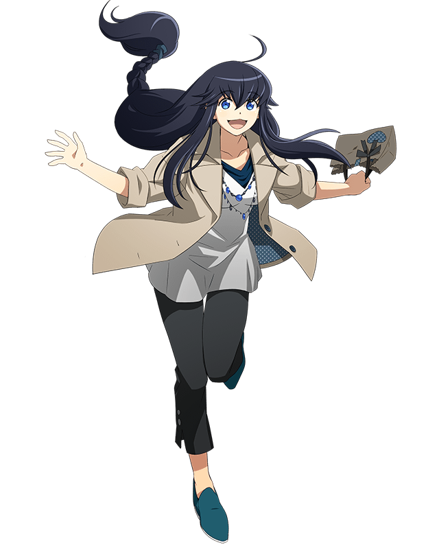 1girl, :d, ahoge, aqua_footwear, black_hair, black_pants, blue_eyes, breasts, casual, collarbone, dress, eyebrows_visible_through_hair, floating_hair, full_body, grey_jacket, hair_between_eyes, holding_bag, jacket, jewelry, kanami_(log_horizon), log_horizon, long_hair, looking_at_viewer, medium_breasts, necklace, official_art, one_leg_raised, open_clothes, open_jacket, open_mouth, pants, shoes, short_dress, smile, solo, standing, standing_on_one_leg, transparent_background, very_long_hair, white_dress