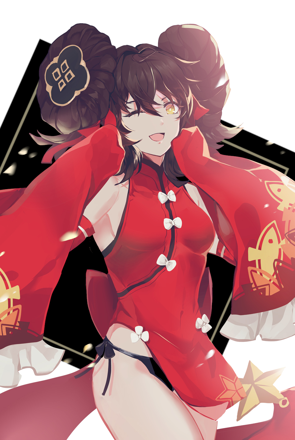 1girl, armpits, bangs, bare_shoulders, black_hair, black_panties, bow, bow_dress
