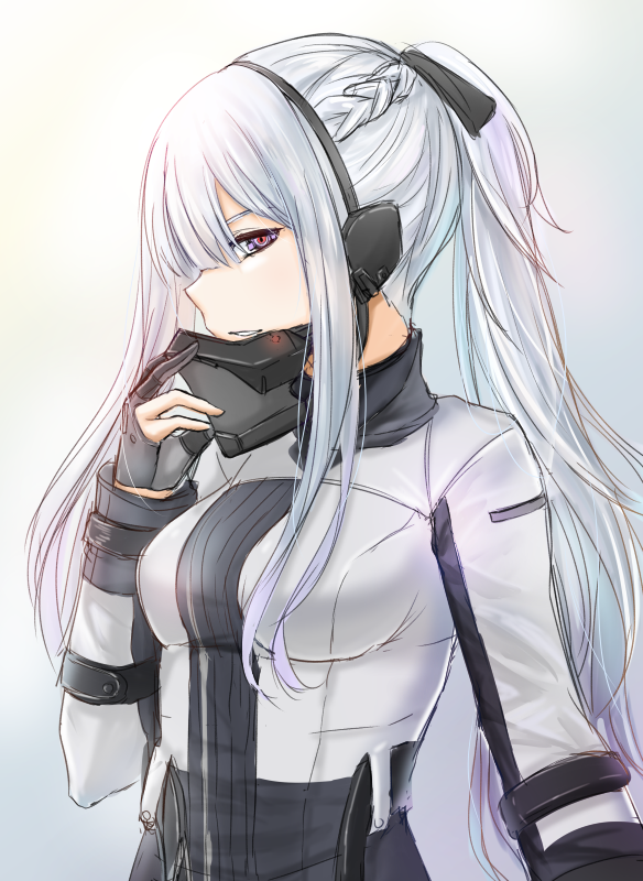 1girl, ak-12_(girls_frontline), bangs, black_gloves, black_ribbon, blunt_bangs, braid, breasts, closed_mouth, french_braid, girls_frontline, gloves, gradient, gradient_background, half-closed_eyes, half_mask, headset, long_hair, long_sleeves, looking_at_viewer, medium_breasts, p981877, parted_lips, partly_fingerless_gloves, ponytail, ribbon, sidelocks, silver_hair, simple_background, smile, solo, strap, upper_body, very_long_hair, violet_eyes