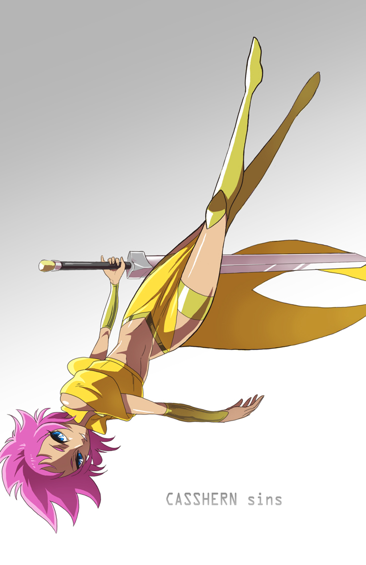 boots, casshern_sins, midriff, purple_hair, smile, sophita, sword, weapon