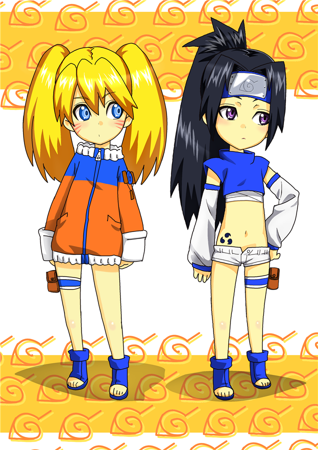 blonde_hair, blue_eyes, blush, breasts, genderswap, headband, jacket, koube_an, long_hair, naruko, naruto, ponytail, purple_eyes, sandals, sarashi, shorts, twintails, uchiha_sasuke, uzumaki_naruto, violet_eyes, wrappings