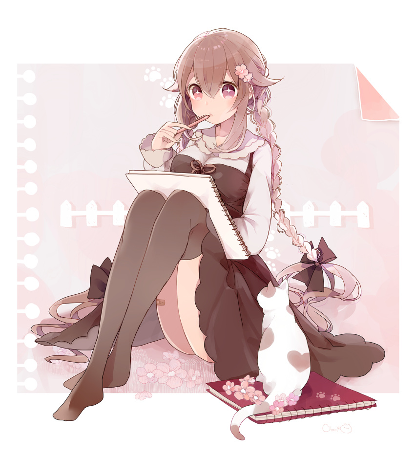 1girl, animal, artist_name, bandaid_on_leg, bangs, black_bow, black_legwear, bow