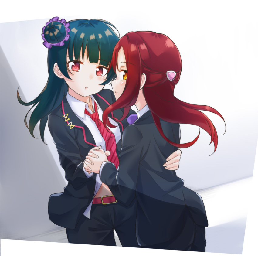 2girls, bangs, belly_peek, belt, black_pants, formal, hair_ornament, hairclip