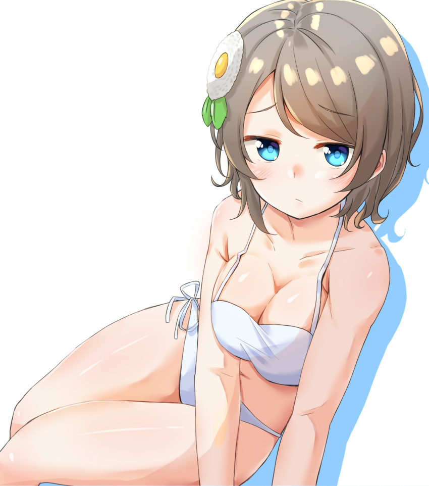 1girl, bikini, blue_eyes, breasts, cleavage, collarbone, drop_shadow, grey_hair, hair_ornament, half-closed_eyes, highres, light_blush, love_live!, love_live!_sunshine!!, medium_breasts, midriff, naribee_(nton1263), short_hair, side-tie_bikini, simple_background, sitting, solo, swimsuit, watanabe_you, white_background, white_bikini