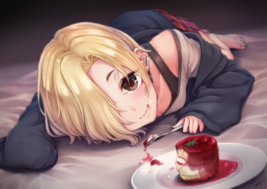 1girl, bags_under_eyes, bare_legs, barefoot, blonde_hair, blush, brown_eyes, cake, commentary_request, ear_piercing, earrings, food, food_on_face, fork, hair_over_one_eye, highres, holding, hood, hoodie, idolmaster, idolmaster_cinderella_girls, jewelry, kurofude_anastasia, looking_at_viewer, lying, on_stomach, piercing, plate, pleated_skirt, shirasaka_koume, short_eyebrows, short_hair, skirt, sleeves_past_wrists, smile