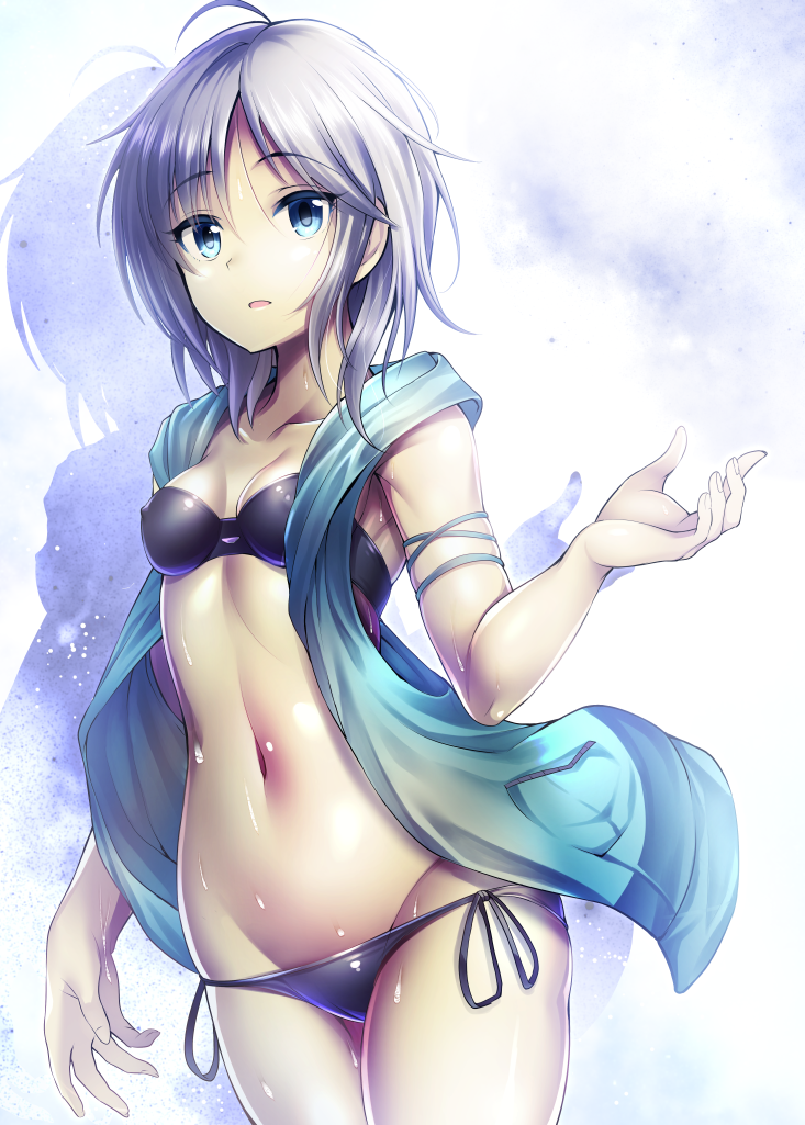 1girl, ahoge, anastasia_(idolmaster), arm_ribbon, bare_shoulders, bikini, black_bikini, blue_eyes