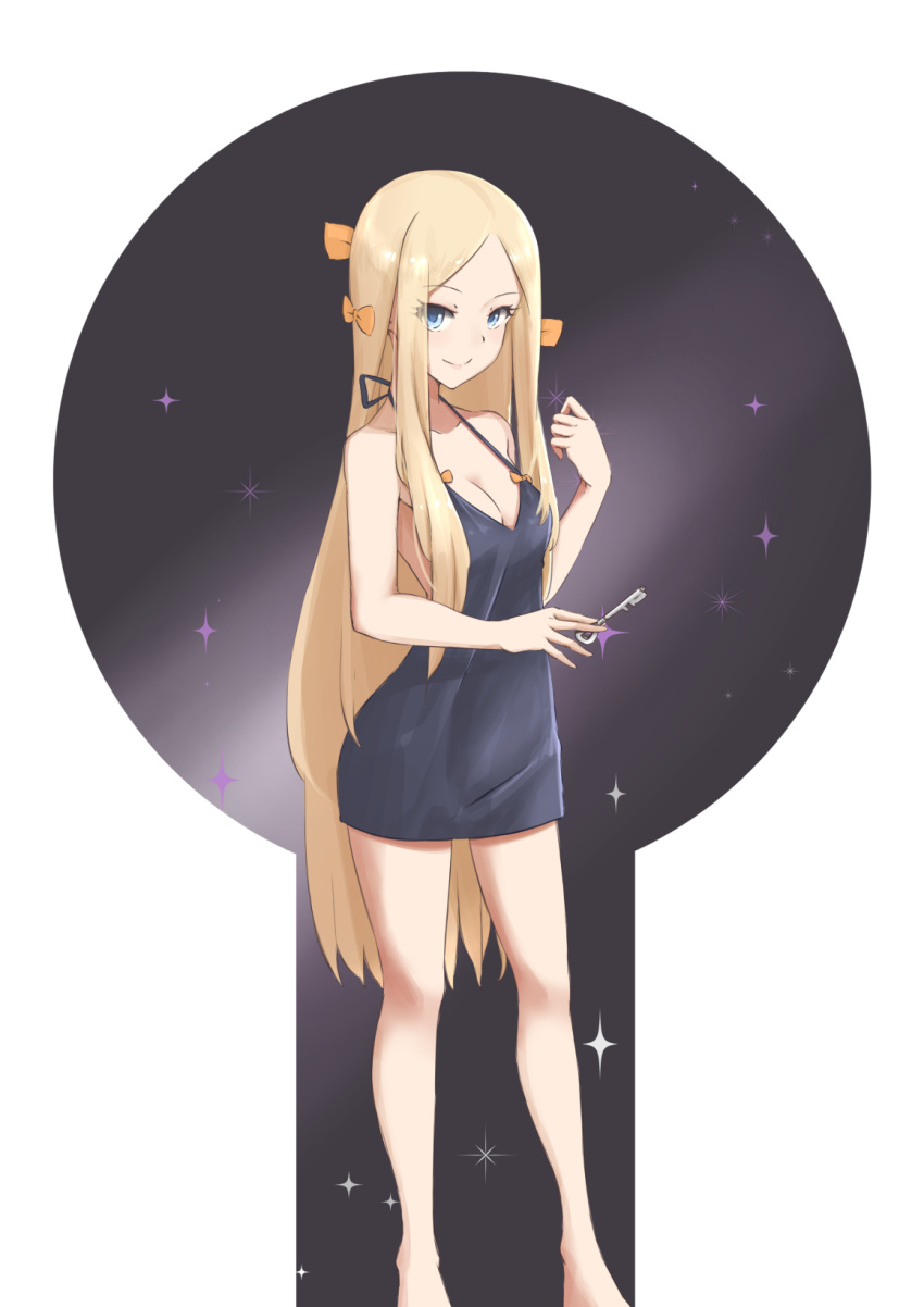 1girl, abigail_williams_(fate/grand_order), bangs, bare_arms, bare_shoulders, barefoot, black_dress, blonde_hair