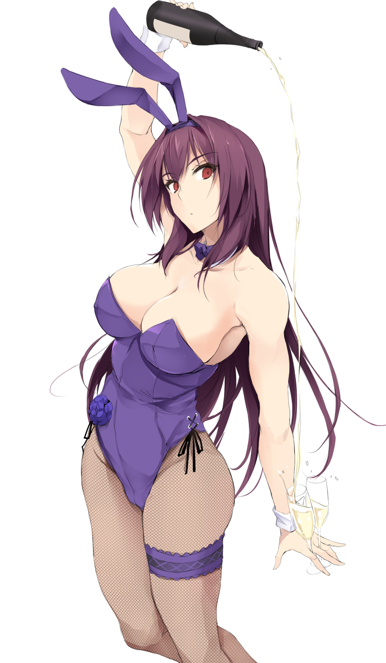 1girl, alcohol, animal_ears, bare_shoulders, bottle, bow, bowtie, breasts