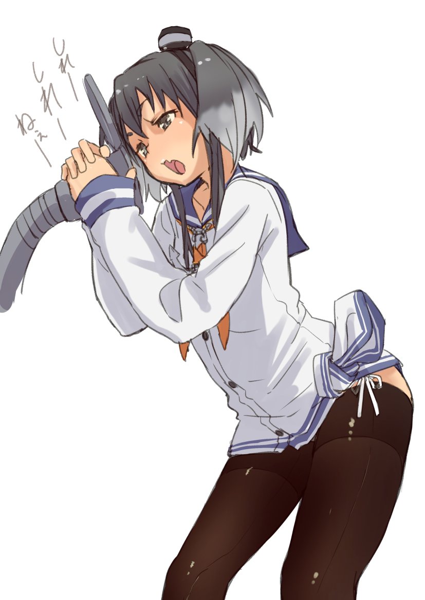 1girl, blue_sailor_collar, brown_legwear, commentary_request, cowboy_shot, dress, eyebrows_visible_through_hair, fang, fu-ta, grey_eyes, grey_hair, hairband, holding, kantai_collection, leaning_forward, long_sleeves, neckerchief, open_mouth, orange_neckwear, pantyhose, sailor_collar, sailor_dress, short_dress, short_hair, simple_background, solo, standing, tied_dress, tokitsukaze_(kantai_collection), two_side_up, white_background, white_dress