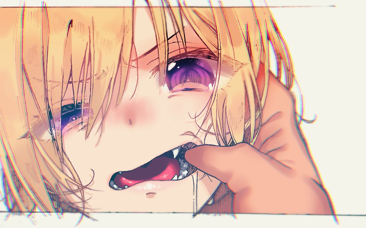 1girl, blonde_hair, blush, commentary_request, eyebrows_visible_through_hair, eyes_visible_through_hair, fangs, half-closed_eyes