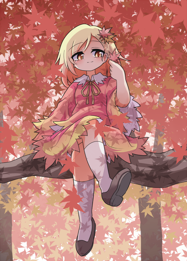 1girl, aki_shizuha, autumn_leaves, blonde_hair, brown_footwear, dress, full_body, holding, holding_leaf, in_tree, leaf, looking_down, maple_leaf, peku_(science_santa-san), red_dress, sitting, sitting_in_tree, socks, solo, touhou, tree, tree_branch, white_legwear, yellow_eyes