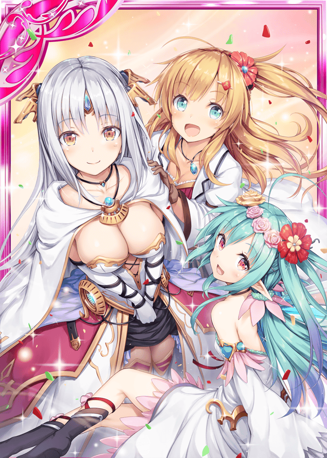 3girls, :d, akkijin, alchemist_(shinkai_no_valkyrie), aqua_hair, blue_eyes, boots, breasts, brown_gloves, brown_hair, card_(medium), confetti, fairy, fairy_wings, flower, gloves, hair_flower, hair_ornament, high_heel_boots, high_heels, jewelry, labcoat, looking_at_viewer, looking_up, medium_breasts, multiple_girls, necklace, official_art, open_mouth, oracle_(shinkai_no_valkyrie), orange_eyes, pixie_servant_(shinkai_no_valkyrie), red_eyes, shinkai_no_valkyrie, silver_hair, smile, tiara, wings