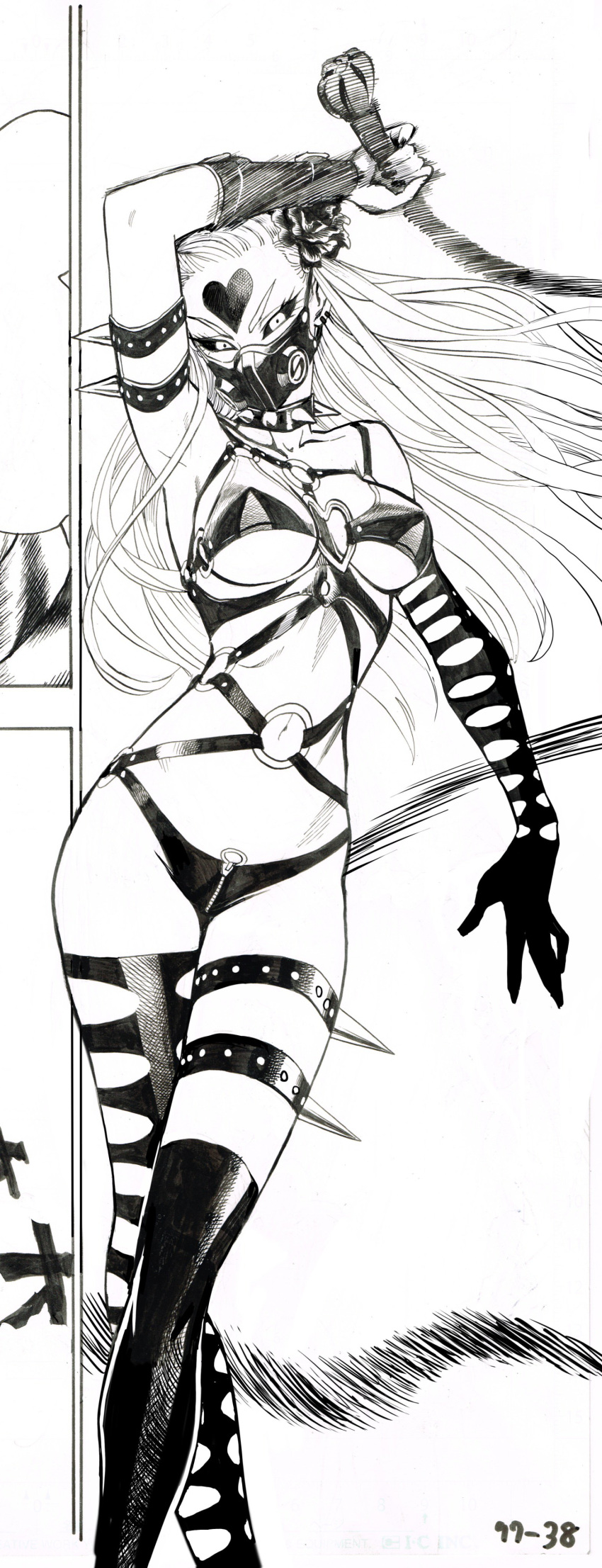 1girl, absurdres, armpits, asymmetrical_legwear, black_sclera, bra, bracer, breasts