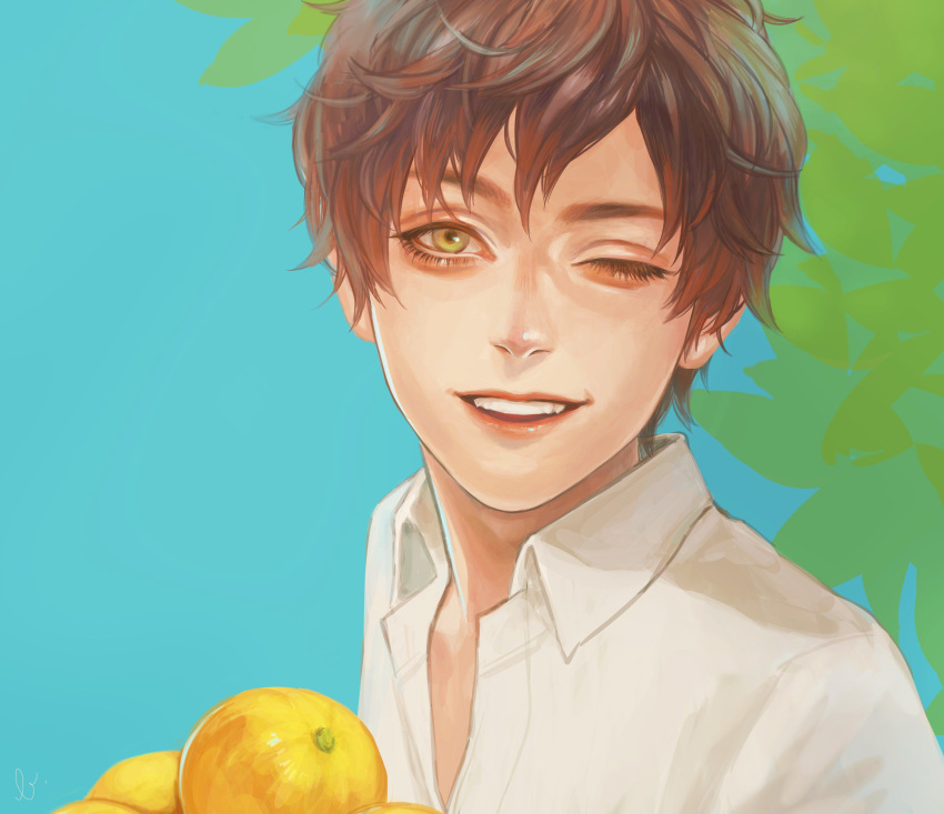 1boy, absurdres, blue_background, branch, brown_hair, collared_shirt, commentary_request, food