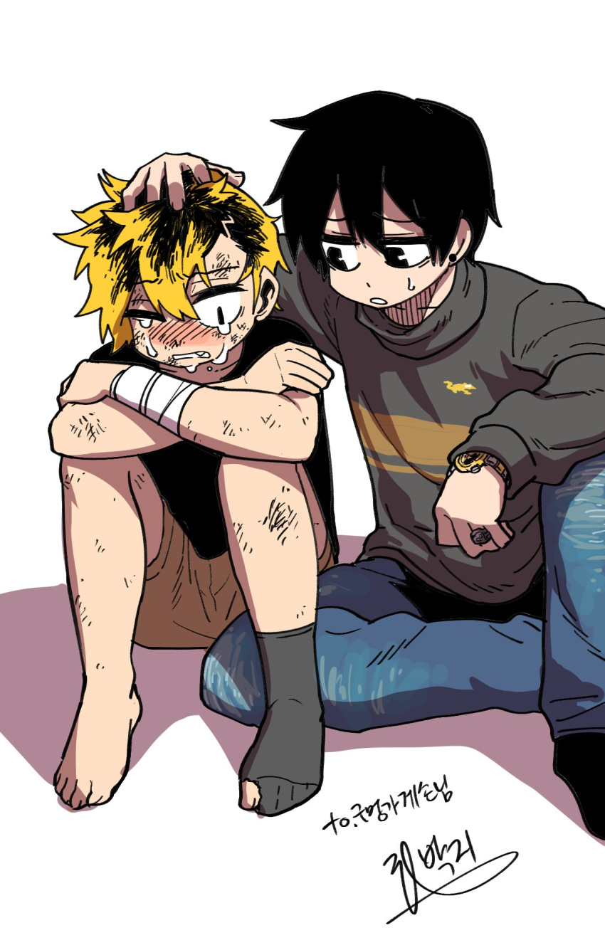 2boys, alternate_height, bags_under_eyes, bandage, bandage_on_face, barefoot, black_eyes, black_hair