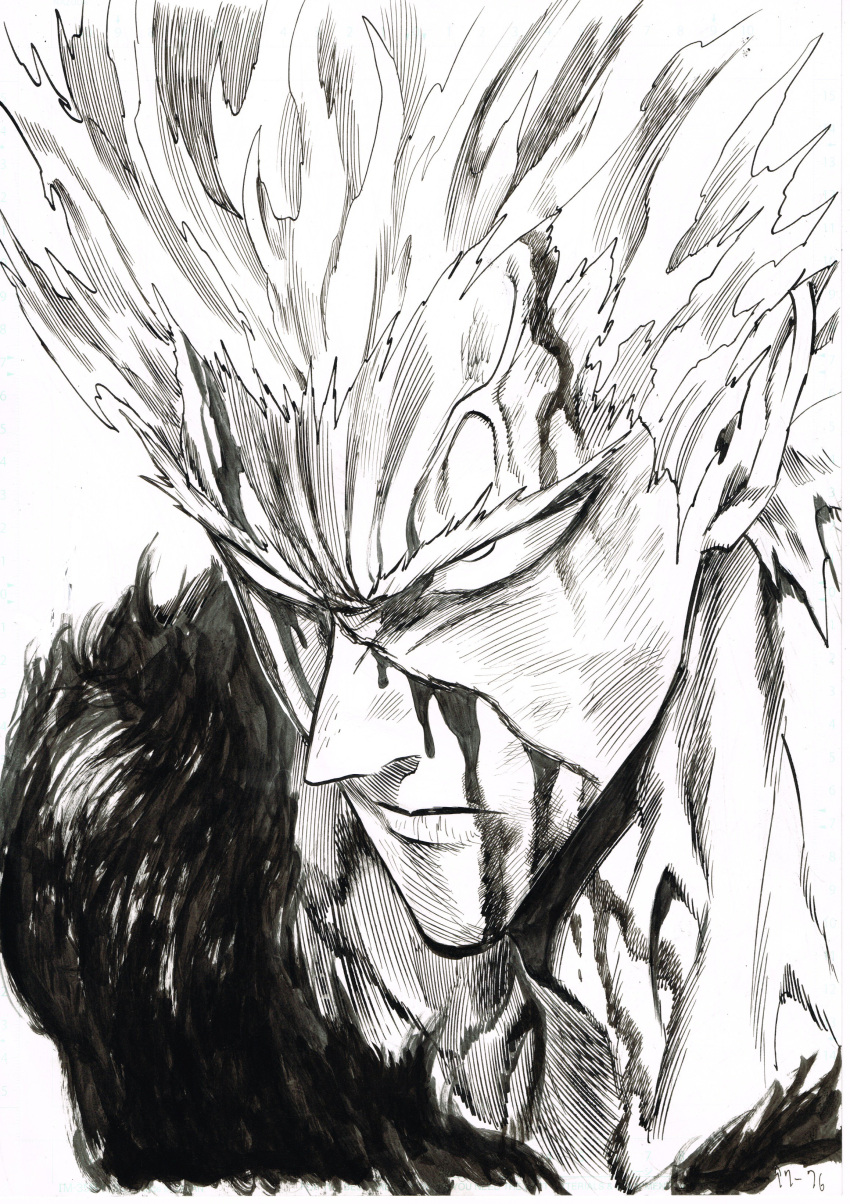 1boy, absurdres, blood, closed_mouth, garou_(one-punch_man), greyscale, highres, monochrome