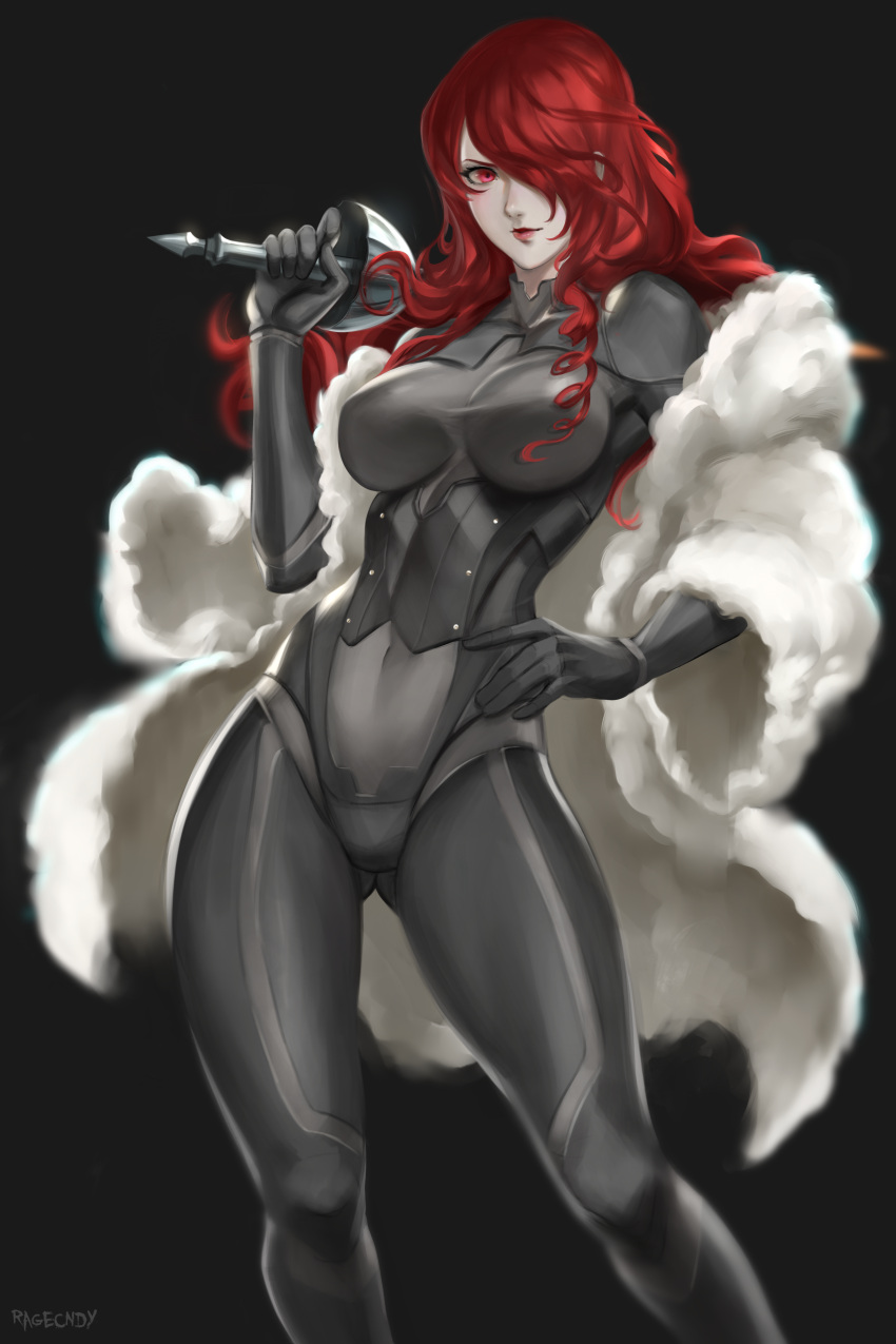 1girl, absurdres, black_background, bodysuit, covered_navel, fur_coat, hair_over_one_eye, hand_on_hip