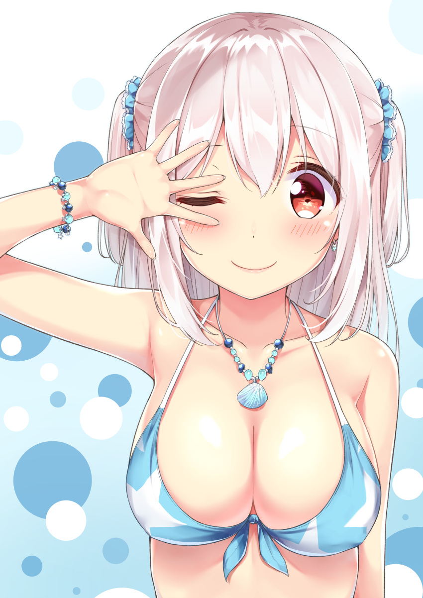 1girl, ;), absurdres, arm_up, bangs, bare_shoulders, bikini, blue_bikini, blue_scrunchie, blush, bracelet, breasts, cleavage, closed_mouth, collarbone, earrings, eyebrows_visible_through_hair, front-tie_bikini, front-tie_top, hair_between_eyes, hair_ornament, hair_scrunchie, highres, jewelry, karutamo, large_breasts, long_hair, looking_at_viewer, necklace, one_eye_closed, original, print_bikini, red_eyes, scrunchie, seashell, seashell_necklace, shell, sidelocks, silver_hair, smile, solo, star, star_print, swimsuit, tisshu_(karutamo), two_side_up, upper_body