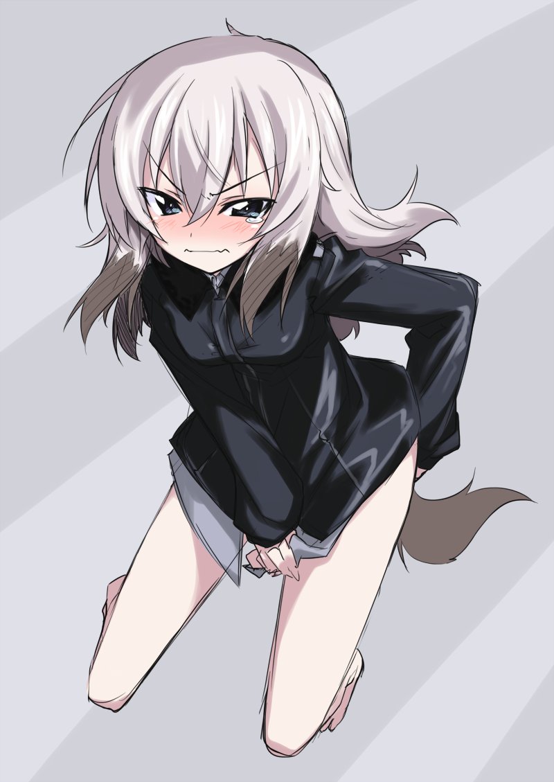 1girl, angry, arm_behind_back, bangs, barefoot, black_jacket, blue_eyes, blush