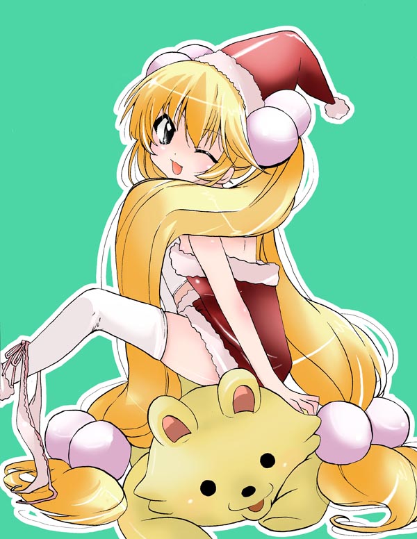 bad_id, blonde_hair, child, christmas, green_background, hair_bobbles, hair_ornament, hat