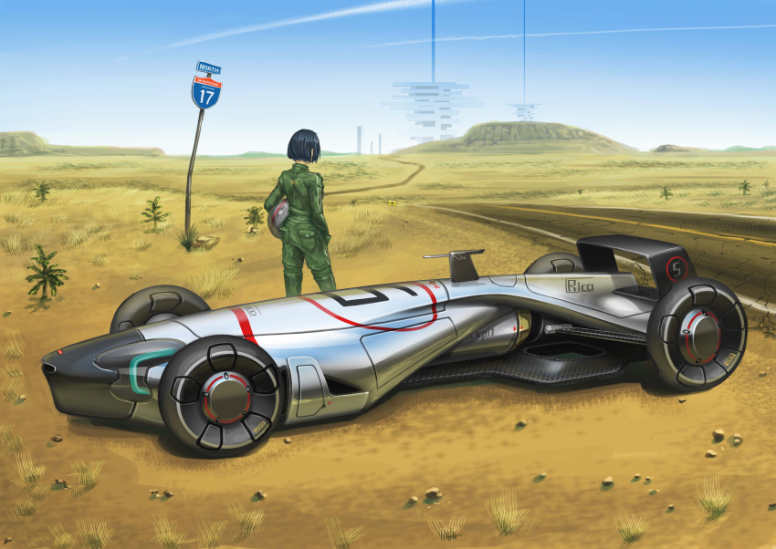 1girl, absurdres, arrow, black_hair, blue_sky, bodysuit, car, desert