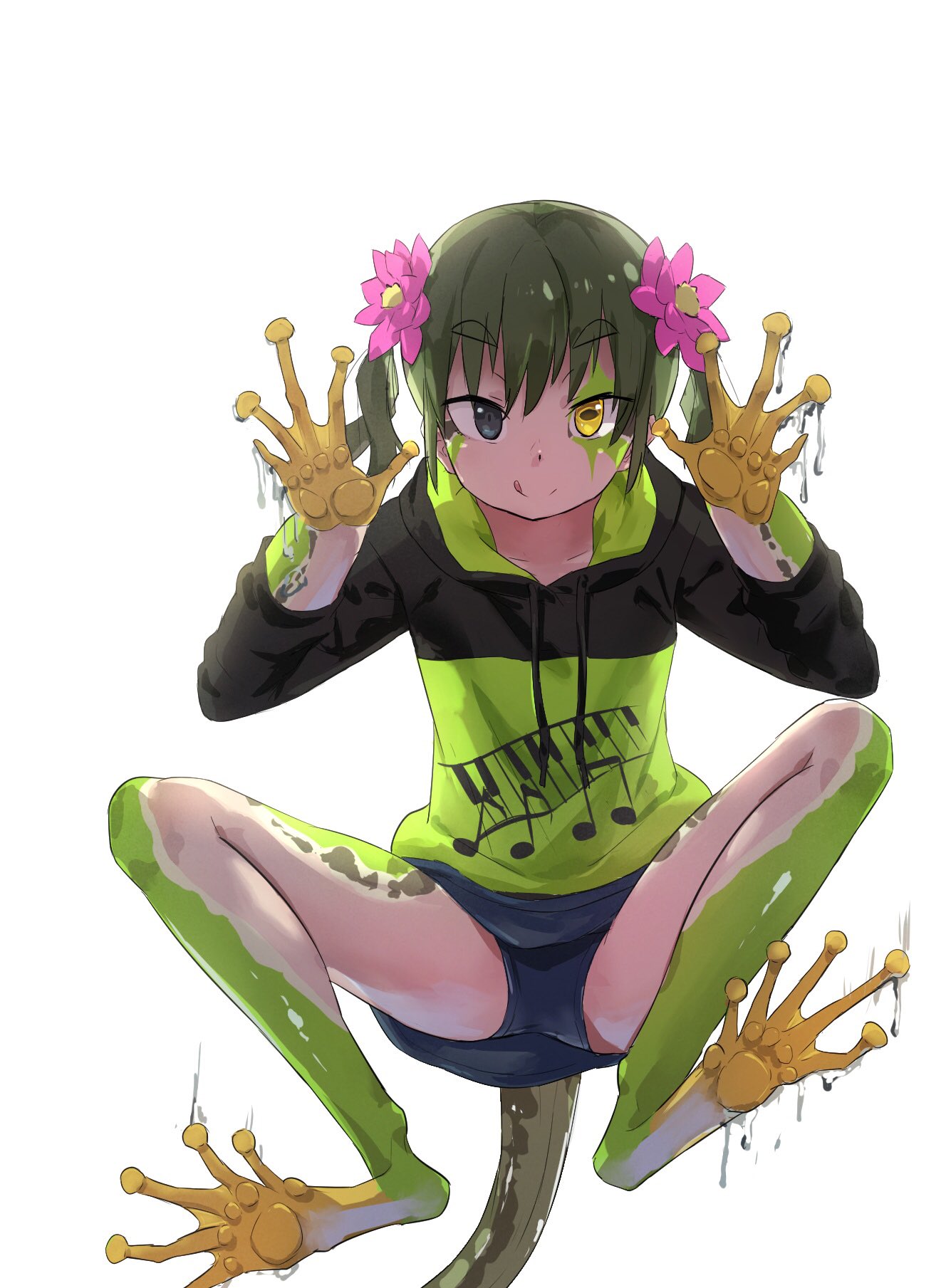 1girl, :q, all_fours, asymmetrical_pupils, blue_eyes, blue_shorts, commentary_request, flower