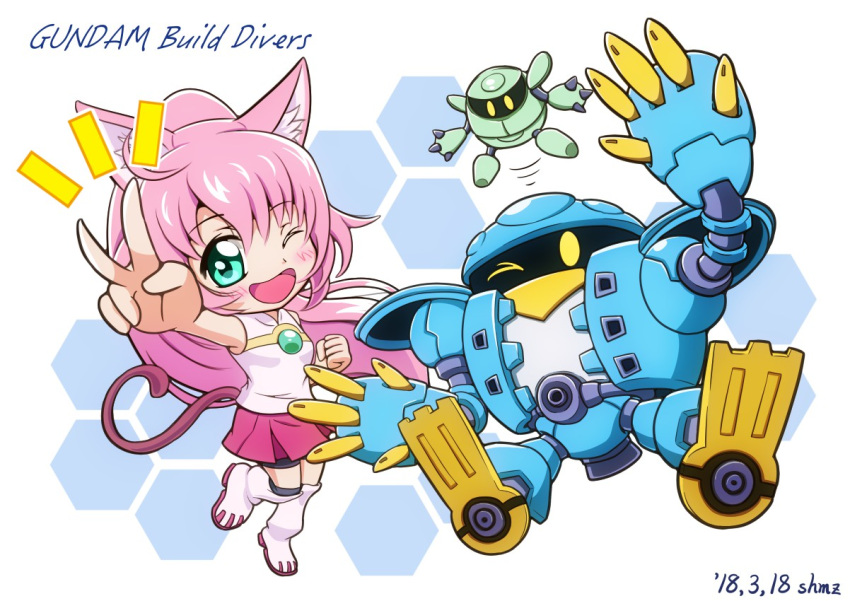 animal_ears, artist_request, chibi, floating, green_eyes, gundam, gundam_build_divers, long_hair