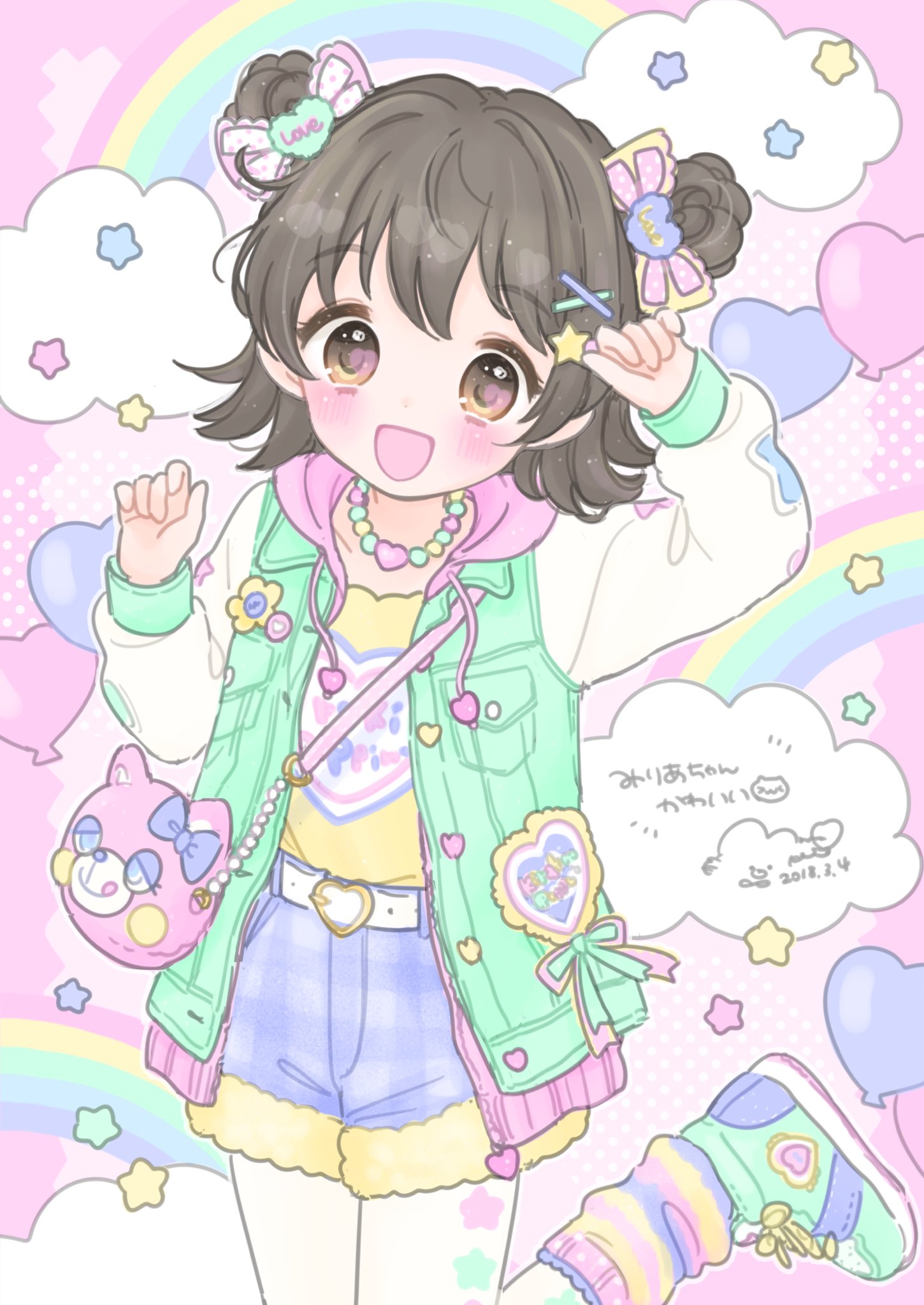 1girl, :d, akagi_miria, animal_bag, bag, balloon, bangs, belt_buckle, blue_shorts, blush, bow, brown_eyes, brown_hair, buckle, cat_bag, clothes_writing, clouds, collarbone, commentary_request, dated, denim, denim_shorts, double_bun, drawstring, eyebrows_visible_through_hair, fur-trimmed_shorts, green_footwear, green_hoodie, hair_bow, hair_ornament, hairclip, heart, heart_balloon, heart_print, highres, hood, hood_down, hoodie, idolmaster, idolmaster_cinderella_girls, jewelry, long_sleeves, looking_at_viewer, loose_socks, manamoko, necklace, open_clothes, open_hoodie, open_mouth, pink_bow, plaid, plaid_shorts, polka_dot, polka_dot_bow, print_shirt, rainbow, shirt, shoes, short_shorts, shorts, shoulder_bag, side_bun, signature, sleeves_past_wrists, smile, sneakers, socks, solo, standing, standing_on_one_leg, star, star_hair_ornament, striped, striped_legwear, translation_request, white_belt, white_bow, x_hair_ornament, yellow_shirt