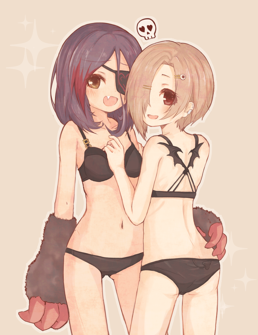 2girls, :d, ass, bat_wings, bikini, black_bikini, blonde_hair, blush