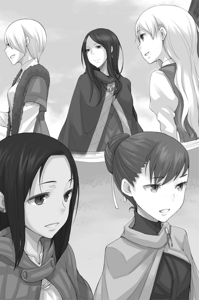 5girls, ayakura_juu, cape, dian_rubens, elsa_schtingheim, eve_bolan, eyebrows_visible_through_hair, fran_vonely
