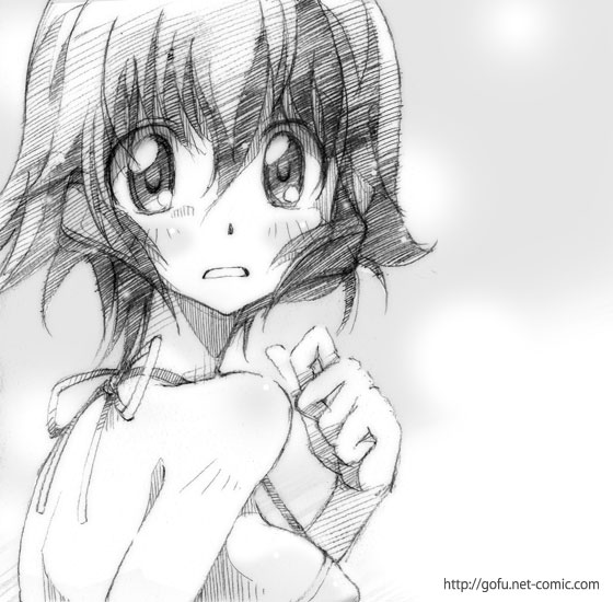 bikini, blush, gofu, kemeko_deluxe, makihara_izumi, monochrome, sketch, solo