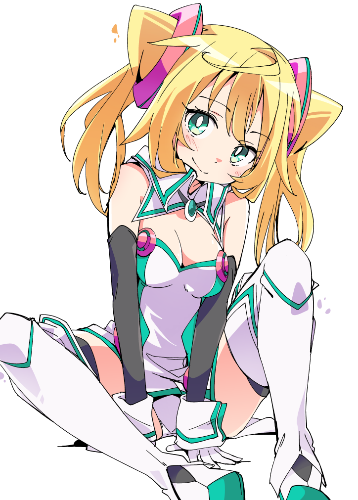 1girl, blonde_hair, boots, breasts, cleavage, detached_collar, elbow_gloves, gloves