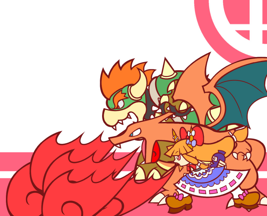 charizard, crossover, fire, flat_color, highres, ibuki_suika, koopa, nintendo, parody, pokemon, puyopuyo, puyopuyo_artstyle, style_parody, super_smash_bros., touhou, vector_trace, y&amp;k
