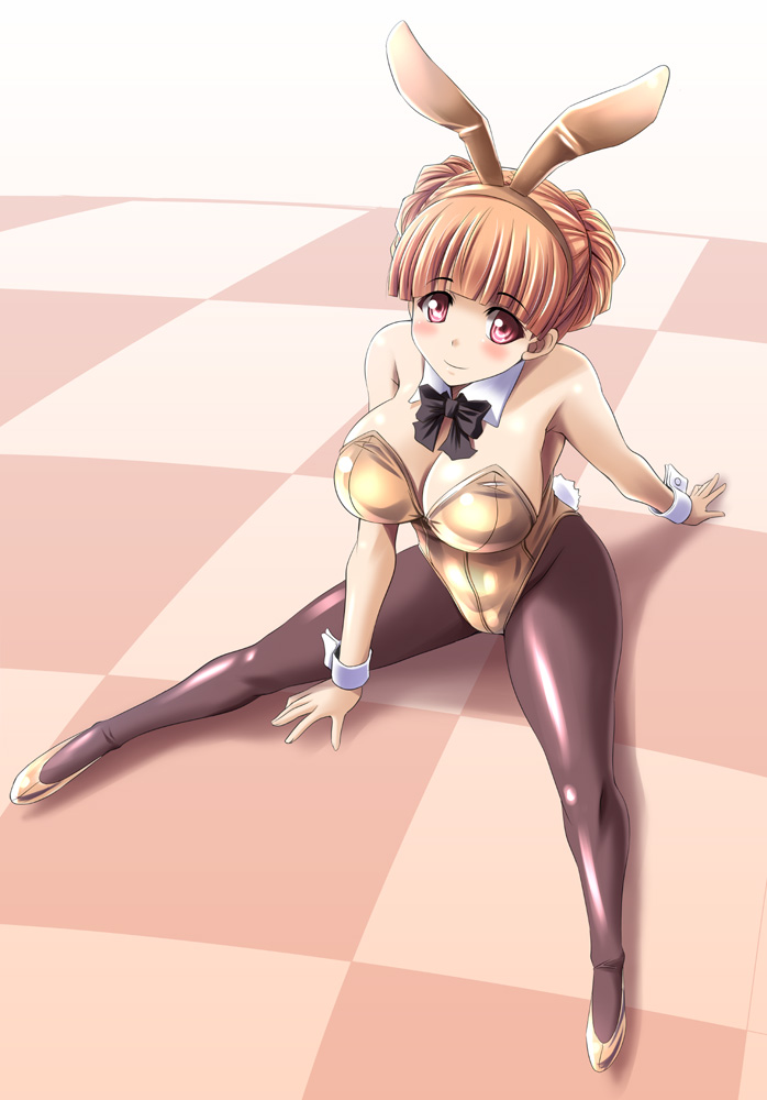 1girl, animal_ears, bow, bowtie, breasts, brown_eyes, brown_hair, brown_legwear