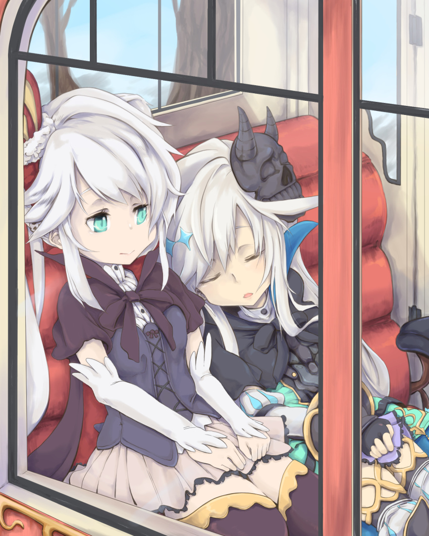 2girls, 39yukinko, arm_warmers, bad_hands, black_cape, black_gloves, black_legwear, blue_eyes, cape, capelet, closed_eyes, crown, fingerless_gloves, gloves, hands_on_lap, highres, inside, light_smile, looking_at_another, mask, mask_removed, multiple_girls, patel_(sennen_sensou_aigis), puffy_sleeves, sennen_sensou_aigis, sitting, sleeping, sybilla, thigh-highs, white_hair, window